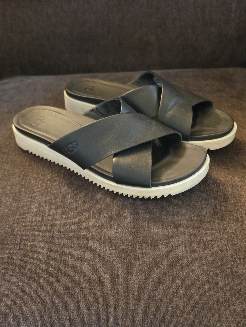 UGG Kari Leather Crossband Slide Sandals Black - Women's Size 7